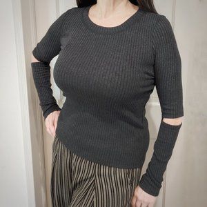 MANGO Grey Slit Sleeve Rib Knit Crew Neck Sweater, Sz. S / M